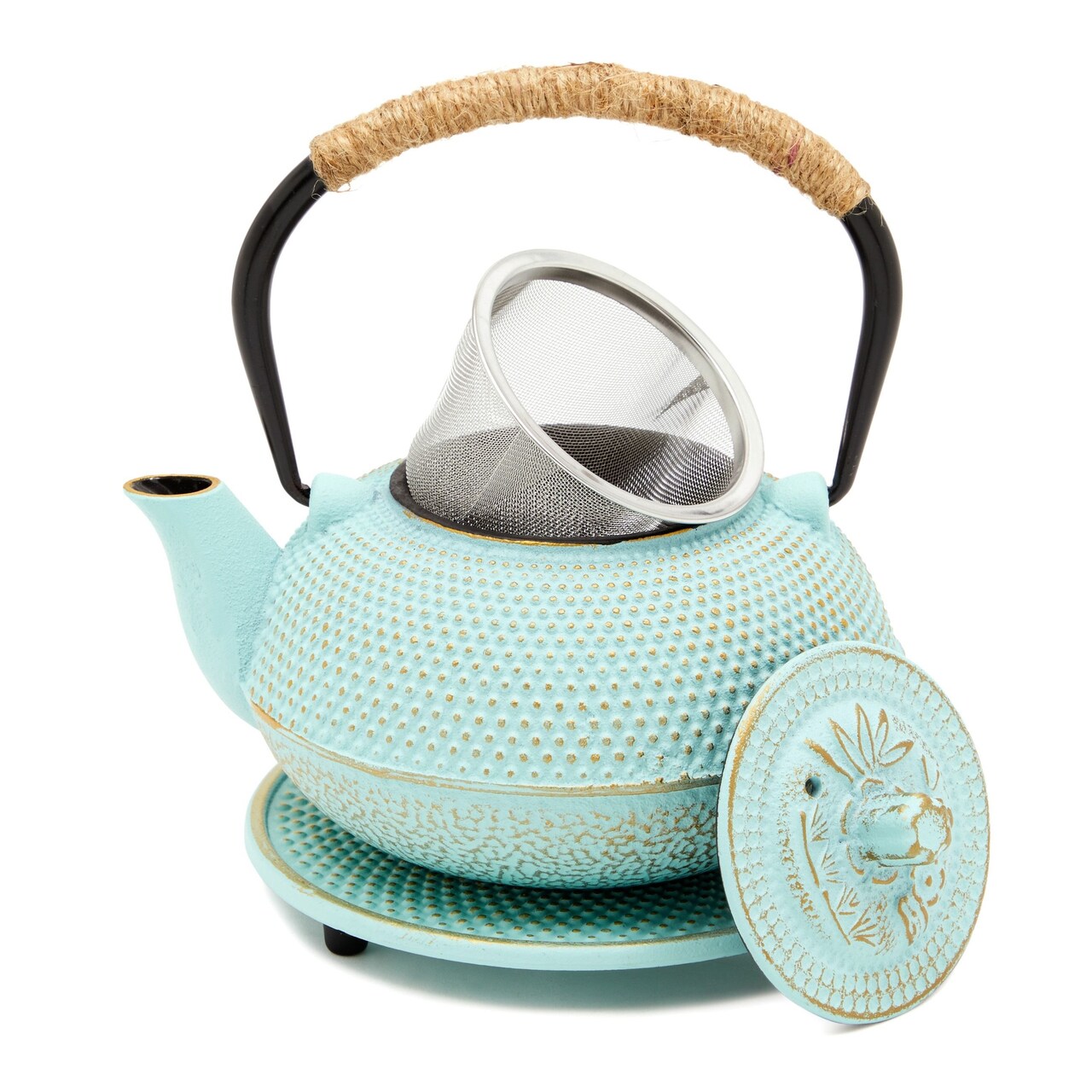 3 Piece Set Green Japanese Cast Iron Teapot, Loose Leaf Tetsubin with Infuser and Trivet (18 oz)